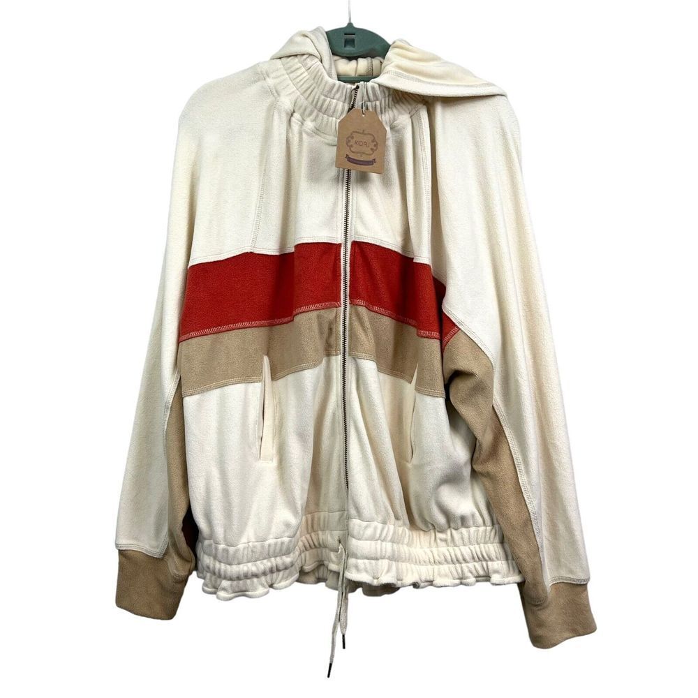 Kori America Womens Hoodie Sweater Retro 80's Ribbed Neck Pockets Cream Sz L*